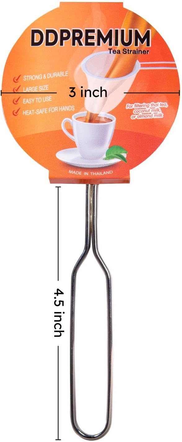 Traditional Thai Style Stainless Steel Reusable Mesh Filter for Thai Tea, Coffee & Loose Leaf Drinks, Strainer Sock 3 Inches