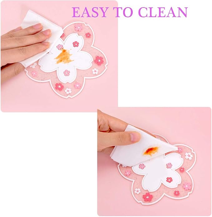 Sakura Coffee Cup Mat Kawaii Coaster 2PCS Cute Cherry Blossom PVC Home Tea Mug Pink Flower Pattern Anti-Skid Pot Bowl Pad Placemat for Desk Drink Table Decor Kawaii Accessories(Large)