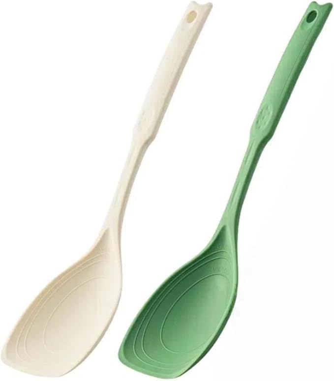 Large Silicone Cooking Spoon 2PC, 12 -inch Non-Stick Spoonula set Deep Bolw & Measurement Mark for Mixing,Serving, Scooping, Scraping, Kitchen Utensils Spoons (White & Green)