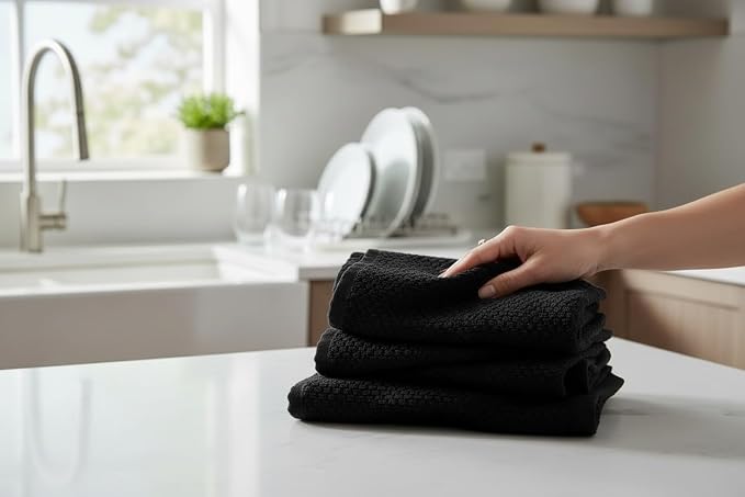 Black Kitchen Hand Dish Towels, Set of 3, 100% Cotton, 18" x 28" | Terry Loop Textured, Soft & Absorbent Cleaning Cloth, Quick Dry, Multipurpose for Everyday Use