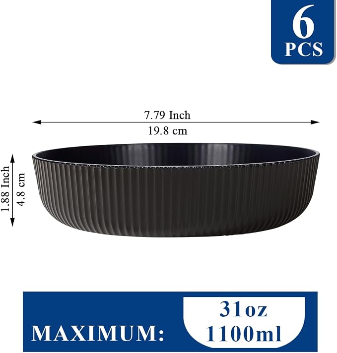 HOMQUEN Pasta Bowls Set of 6, 37oz Salad Bowls Black Soup Bowls, Large Pasta Serving Bowls, Unbreakable Plastic Dinner Bowls, Dinnerware Sets,Valentines Day Gift, Dishwasher Safe (Black)