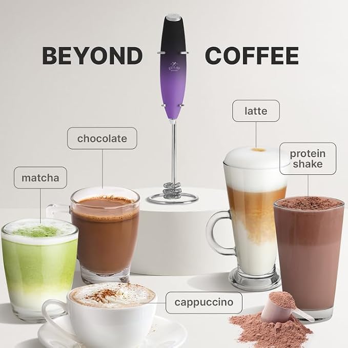 Zulay Powerful Milk Frother for Coffee with Upgraded Titanium Motor - Handheld Electric Whisk, Milk Foamer, Mini Mixer & Coffee Blender for Frappe, Latte, Matcha, No Stand - Purple & Black
