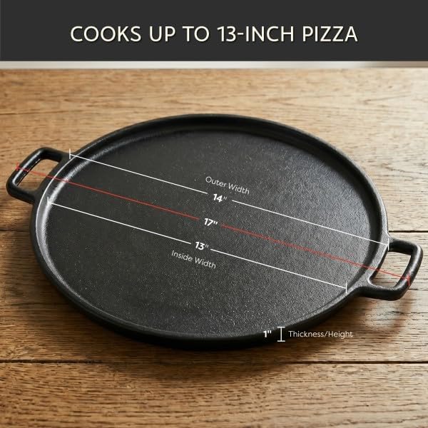 Home-Complete Cast Iron Pizza Pan, Even-Heating Cast Iron Cookware, 14” | Round Pizza Pan for Oven, Stovetop, Grill, or Campfires, Nonstick Griddle with Dual Handles