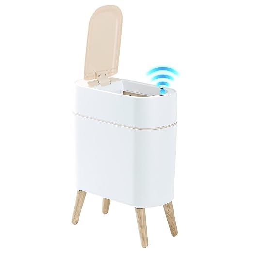 Motion Sensor Bathroom Trash Can with Lid,Slim Automatic Wastebasket | Narrow, Plastic, Auto, Convenient and Hygienic Easy to Use,2.6 gallon Small Garbage Can for Bedroom,Office,Living Room(White)