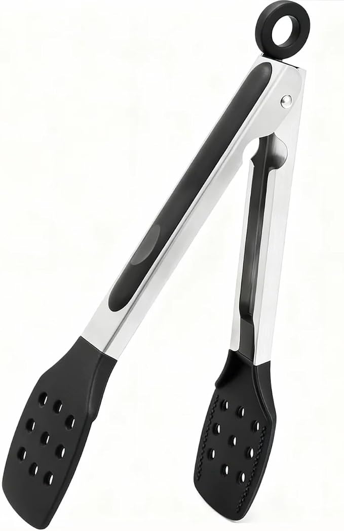 9 Inch Kitchen Tongs, Stainless Steel Cooking Tongs with Silicone Tips | For Cooking/Serving/Grilling | Heat-Resistant | Food-Grade Material | Dishwasher Safe | 9", Black