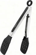 9 Inch Kitchen Tongs, Stainless Steel Cooking Tongs with Silicone Tips | For Cooking/Serving/Grilling | Heat-Resistant | Food-Grade Material | Dishwasher Safe | 9", Black