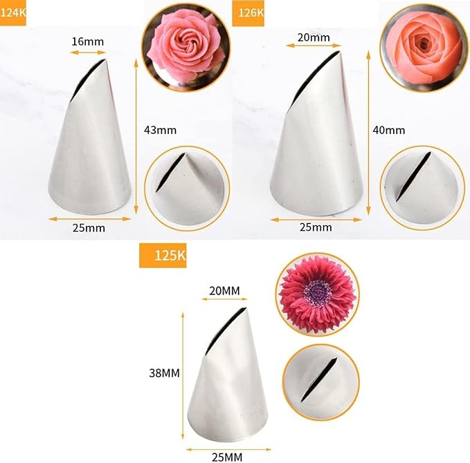 124K 125K 126K Rose Piping Tips with Nails for Flowers & Cake Decorating