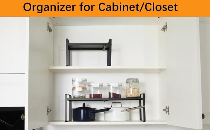 2-Pack Expandable Shelf Organizer for Kitchen Countertop, kitchen organizers and storage，under sink expandable shelf organizer (black, 8.2’’D * 12.2-21.6’’W * 7.7’’H)