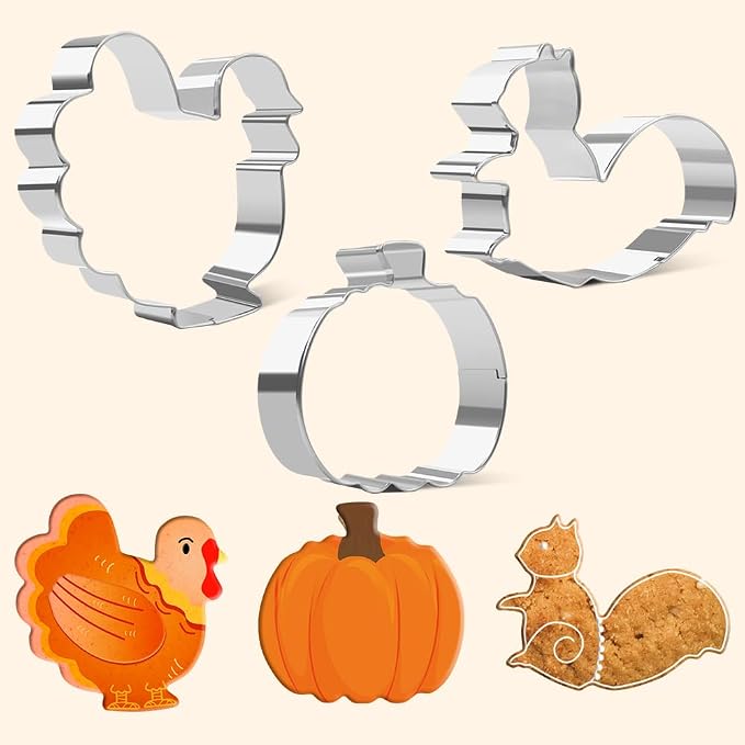Thanksgiving Cookie Cutters, Fall Cookie Cutters, Leaf Cookie Cutters, Pumpkin Cookie Cutter, 3PCS Large 3.2" to 3.6" Autumn Cookie Cutters Fall Theme Holiday Shapes of Turkey, Squirrel, Pumpkin