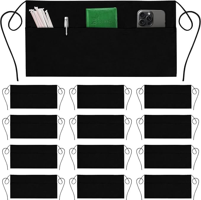 Server Aprons with 3 Pockets - Waist Apron, Waitress Apron for Women and Man, Water Resistant with Long Waist Strap Reinforced Seams, Half Apron (24 Pack - Black)