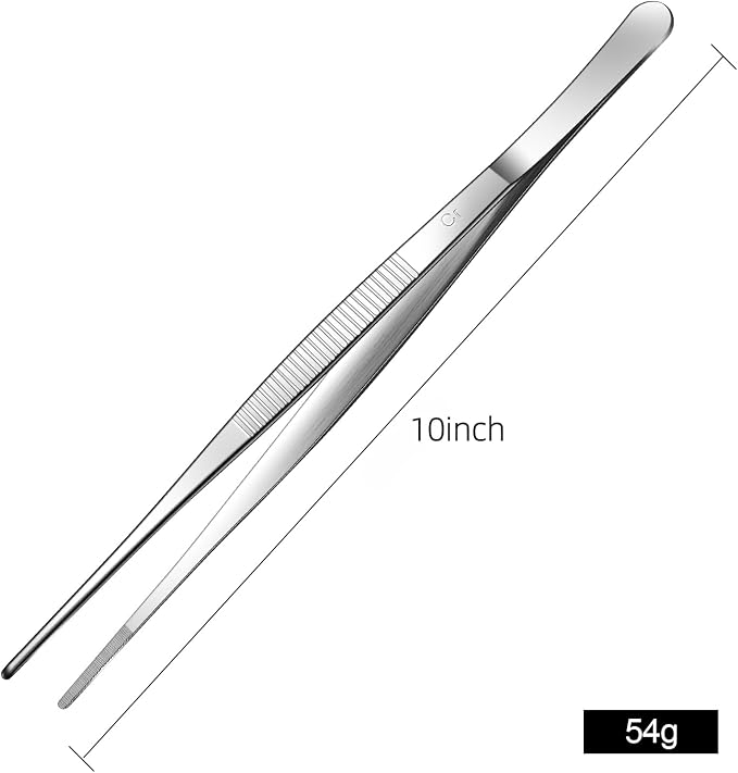 Aniso Long Tweezers, Stainless Steel, 10 inches | Precision Serrated Tip, Cooking Tweezers Tongs， For Barbecue, Hand-Made，Steaks, Bread, Pizza, Salads