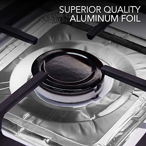 Disposable Gas Burner Liners (50 Pack) Aluminum Foil Square Gas Stove Burner Covers - 8.5 Inch Gas Range Protector, Stove Top Covers for Gas Burners, Foil Liners to Catch Oil, Grease, and Food Spills