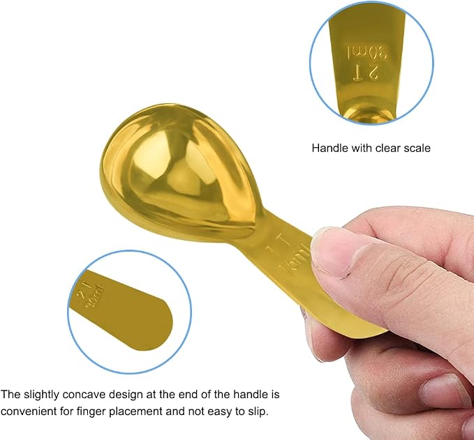 Coffee Scoop Set of 2, Gold Stainless Steel Measuring Spoons, 15ml & 30ml, Compact Short Handle, Measure Spoon for Espresso, Protein Powder, Matcha, Cocoa & Baking