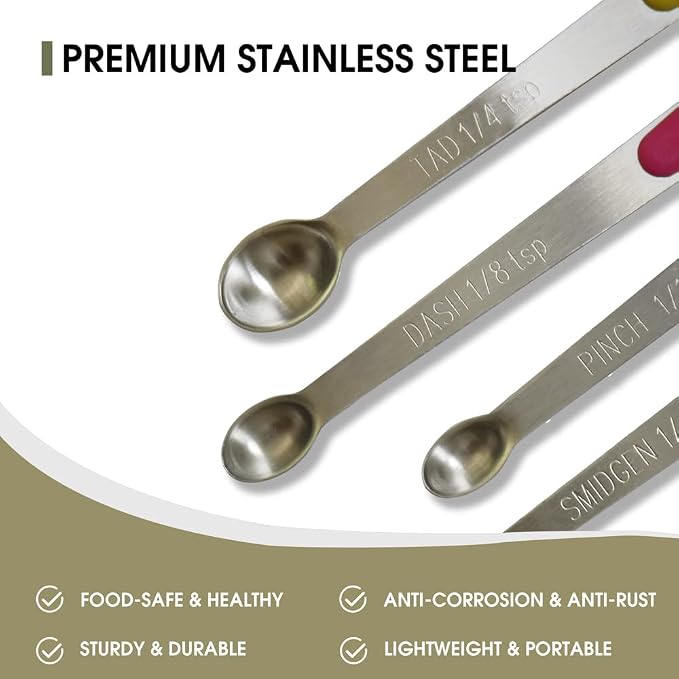 2Pack Small Measuring Spoon Set with Multi-Color Silicone Grip | Food-Grade Stainless Steel, High Precision, Dishwasher-Safe, Easy-Read Markings, Multi-Purpose, Lightweight & Durable