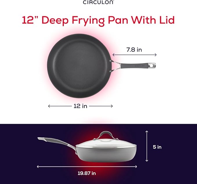 Circulon Radiance Hard Anodized Nonstick Deep Frying Pan with Lid, 12 inch Frying Pan with Lid, Deep Skillet, Gray