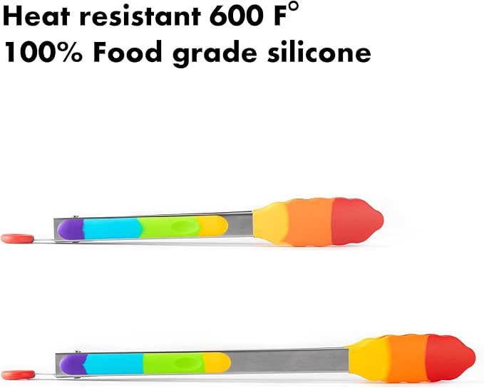 OYV Rainbow Silicone Tongs for Cooking, Heat Resistant Kitchen Tongs for Salad, Grilling, Cooking, 304 Stainless Steel Locking and BPA Free Silicone Tips Set of 2, 9 and 12 Inch