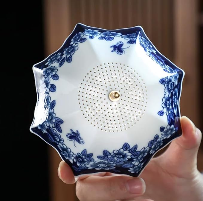 Umbrella Tea Strainer,Blue and White Porcelain Umbrella Shape Ceramic Tea Strainer,Tea Infuser for Loose Leaf Tea,Filter with Rotating Design for Coffee Brewing,Tea Accessories