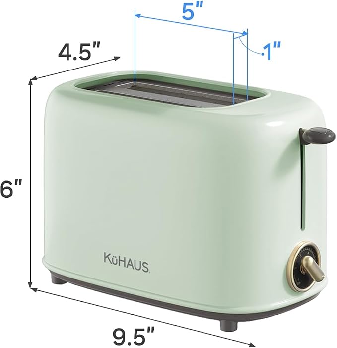 KuHAUS Retro 2 Slice Toaster, 6 Browning Control, Dust Cover, Removable Crumb Tray, Cord Storage, Vintage Design for Bread & Waffles (Mint)