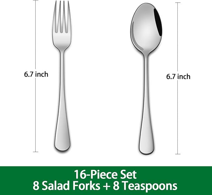 Salad Forks And Teaspoon,6.7 Inches Stainless Steel Dessert Spoons And Forks,Set Of 16 Dishwasher Safe Silverware Fork And Spoon For Home,Restaurant