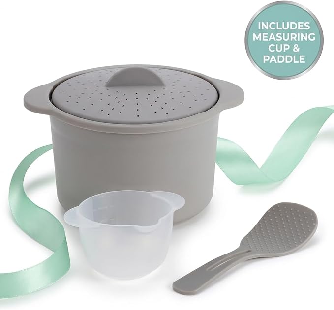 Microwave Rice & Grain Cooker, Locking Lid | Easy Cook Container, Heat-Resistant Handles, Includes Measuring Cup & Mixing Paddle, Cooks Veggies & More