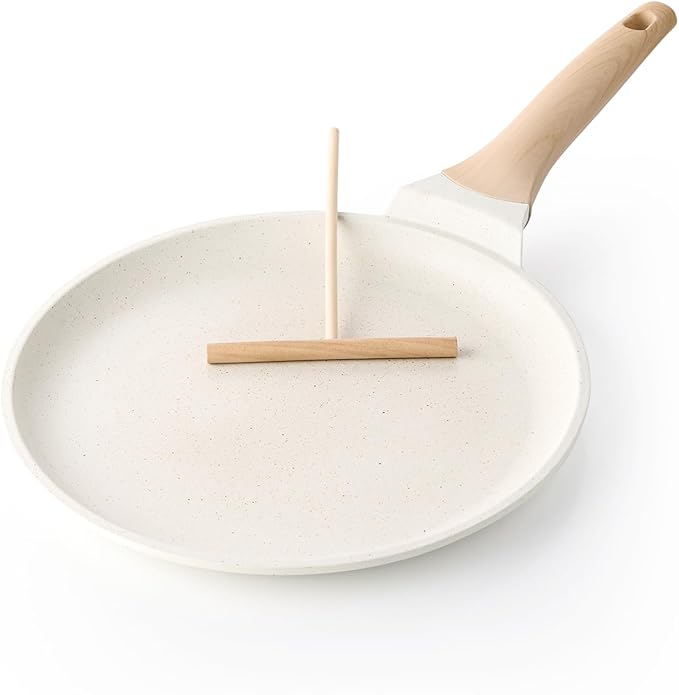 Kordisen Crepe Pan Nonstick, 10 Inch Healthy Coating Comales para Tortillas Dosa Pan with Spreader, Induction Compatible, PFOA Free (White)