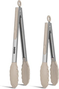 Tongs for Cooking, 600ºF High Heat-Resistant Stainless Steel Kitchen Tongs with Silicone Tips, Non Scratch, Locking Tong for BBQ Grilling Air Fryer Food Salads, Set of 2 (9" and 12") Beige