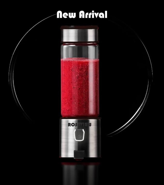 Portable Smoothie Blender ROSEVIEW Glass Cordless Mini Shakes Cup blend for smoothies USB rechargeable juicer 2 battery Handheld Personal travel Jet mixer (Black Steel) (BLKSteel)