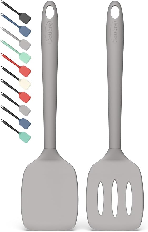 Coukre 2 Pack Silicone Spatula Set,High Heat Resistant, BPA-Free | Dishwasher Safe Kitchen Spatula for Nonstick Pans, Solid & Slotted Turners for Cooking, Sautéing, and Flipping, PureGray