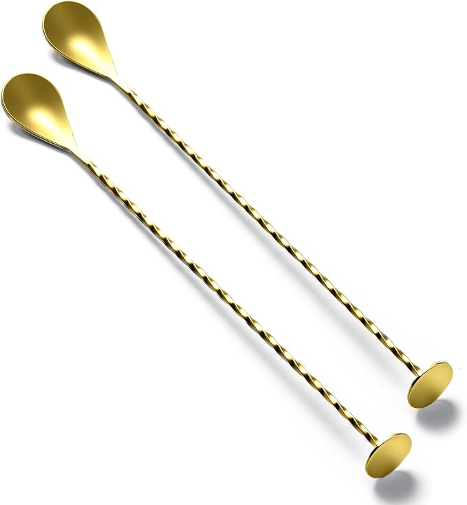 Bar Spoon Cocktail Mixing Stirrers, 2Pcs, 12” with Round Base, Gold | 18/8 Stainless Steel, Long Handle, Flat Base for Tabletop Standing, Stirrer & Muddler for Coffee & Drinks