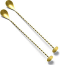 Bar Spoon Cocktail Mixing Stirrers, 2Pcs, 12” with Round Base, Gold | 18/8 Stainless Steel, Long Handle, Flat Base for Tabletop Standing, Stirrer & Muddler for Coffee & Drinks