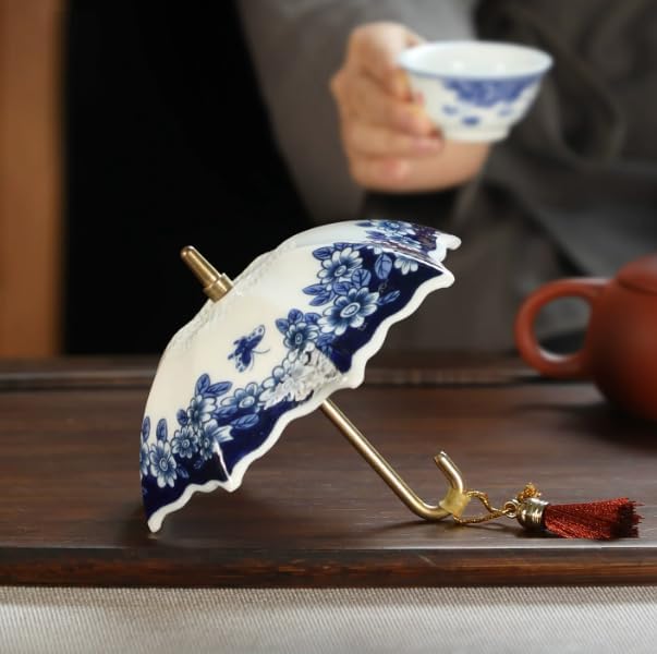 Umbrella Tea Strainer,Blue and White Porcelain Umbrella Shape Ceramic Tea Strainer,Tea Infuser for Loose Leaf Tea,Filter with Rotating Design for Coffee Brewing,Tea Accessories