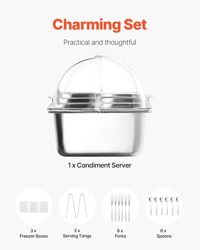 VEVOR Countertop Food Serving Display Container, 5 Pan Stainless Steel Food Serving Tray, Buffet Condiment Dispenser Display Rack with Clear Lid & 3 Freezer Boxes, for Restaurant Hotel Kitchen Party