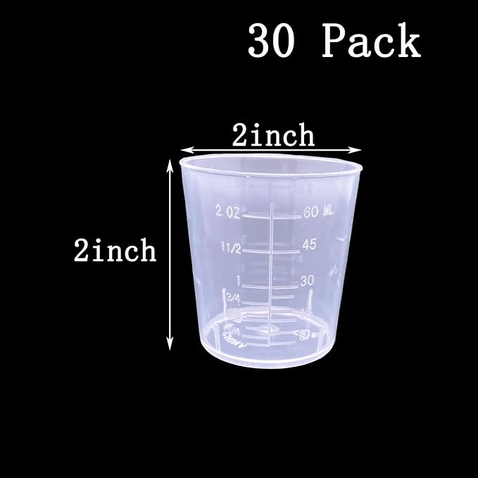 30 Pcs Plastic Graduated Cups, 60ml/2oz Clear Scale Cups | Transparent Experiment Measuring Cup with 50 Pcs Wooden Stirring Sticks for Epoxy, Resin, Stain, Mixing Paint