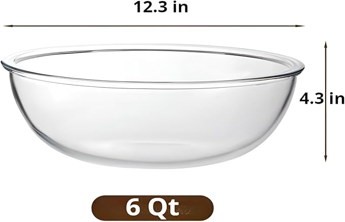 12.3in Wide 6Qt Extra Large Glass Bowl,Glass Salad Bowl Mixing Bowl for Sourdough Bread Dough Making Marinating Meat,Serving Fruit Bowl on Kitchen Countertop for Party,Pasta Dish, Clear
