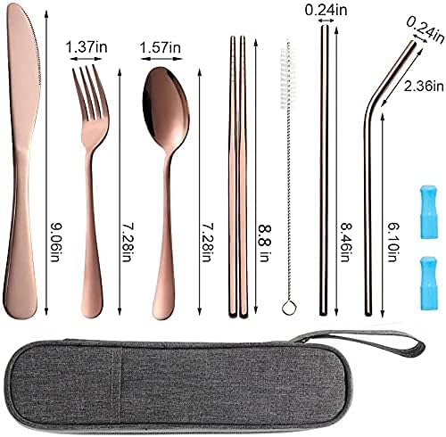 Travel Utensils Set with Case Reusable Portable Cutlery Set Stainless Steel 8pcs Including Dinner Knife Fork Spoon Chopsticks straws(Rose Gold) | Dishwasher Including Dinner Knife Fork Spoon Chopsticks Straws Travel Fork Spoon Knife for Work, School, C...