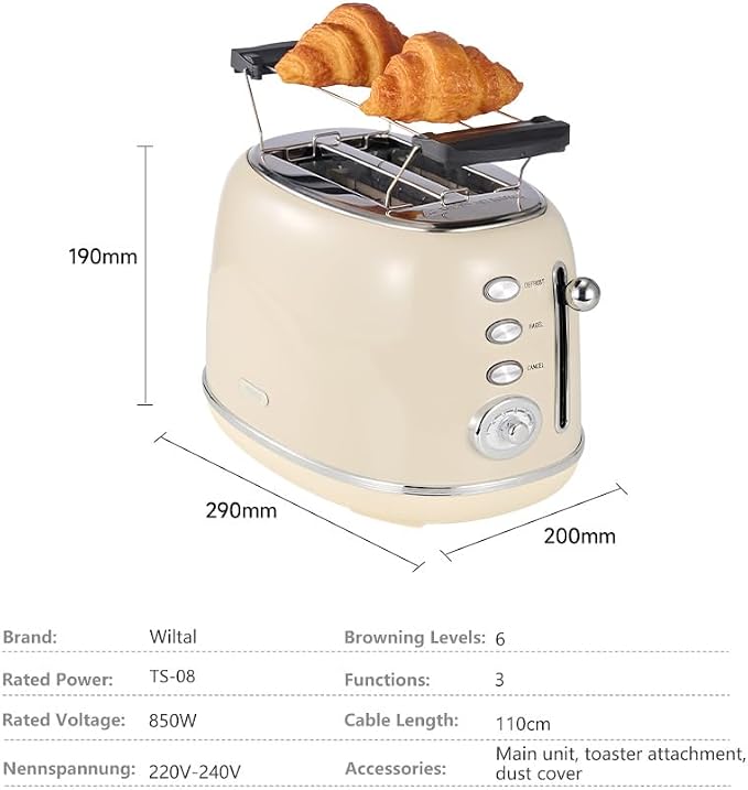 Wiltal Toaster Retro 2 Slice, Vintage White Toaster with Lid, with Bread Attachment, Preheat, Defrost And Cancel Functions, 6 Browning Levels (Beige)