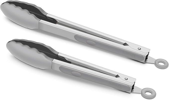 2 Pack Silicone Kitchen Tongs, 9 & 12 Inch, Stainless Steel, Grey | Heat Resistant to 500°F with BPA-free Silicone Tips, Locking Clip and Nonslip Handles for Nonstick Cookware and Grilling