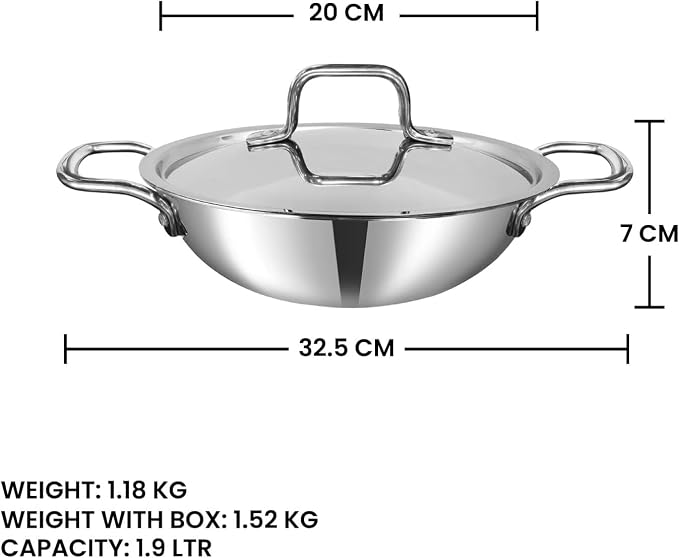 Vinod Nutri-Tech Triply Non Stick Kadai for Indian Cooking (20 cm Diameter | Scratch Resistant Kadhai for Deep Frying | Multipurpose Indian Cookware | Includes Lid