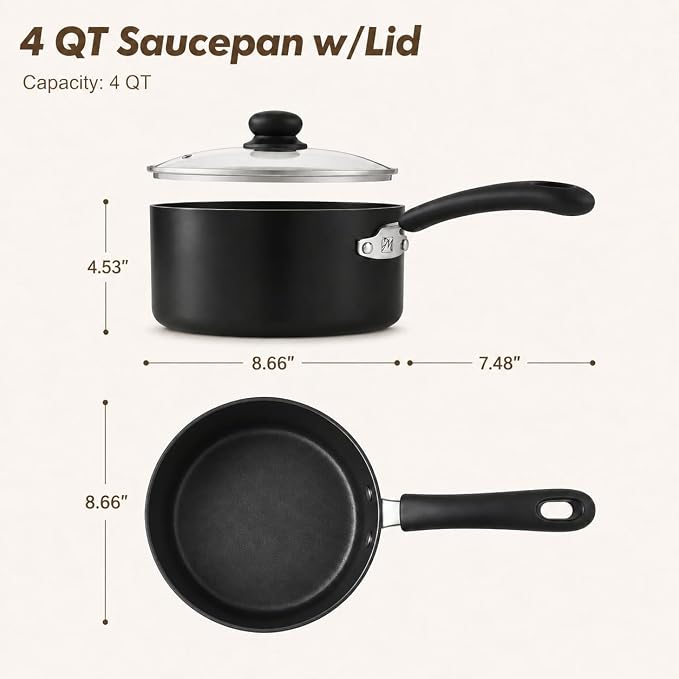 MICHELANGELO Nonstick Saucepan with Lid, Ceramic Sauce Pan Sets, Easy to Clean Sauce Pans, Multi-Purpose Cooking Pots, 4QT, Black
