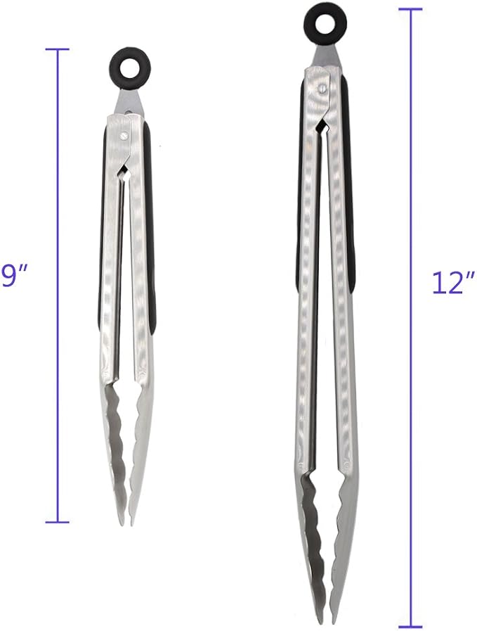 304 Stainless Steel Kitchen Cooking Tongs, 9" and 12" Set of 2 Sturdy Grilling Barbeque Brushed Locking Food Tongs with Ergonomic Grip, Black