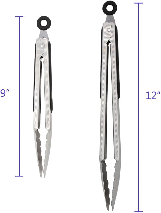 304 Stainless Steel Kitchen Cooking Tongs, 9" and 12" Set of 2 Sturdy Grilling Barbeque Brushed Locking Food Tongs with Ergonomic Grip, Black (Pack of 2)