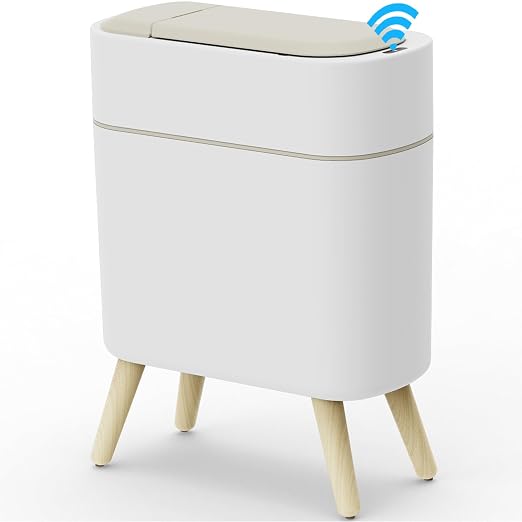 Yatmung Motion Sensor Bathroom Trash Can with Lid - 2.5 Gal Smart Trash Bin | Waste Basket for Bedroom, Office, Living Room - Slim Bathroom Garbage Can Automatic Touchless - White with Wooden legs
