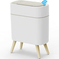 Yatmung Motion Sensor Bathroom Trash Can with Lid - 2.5 Gal Smart Trash Bin | Waste Basket for Bedroom, Office, Living Room - Slim Bathroom Garbage Can Automatic Touchless - White with Wooden legs