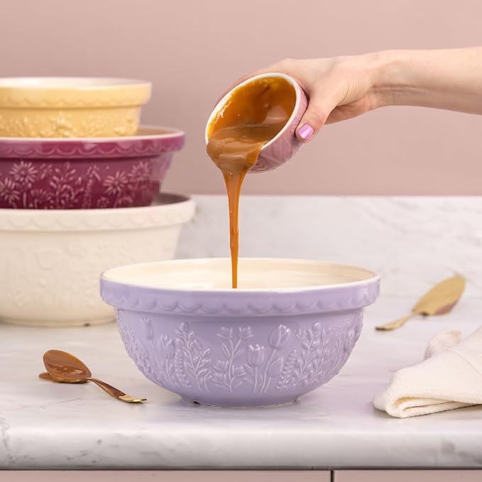 Mason Cash In the Meadow S24 Mixing Bowl, 2.15 Quart Mixing Bowl, Embossed Floral Tulip Design, Durable Ceramic Bowl for Baking Bread Dough, Cake Batter, Cookies & Kitchen Serving Bowl