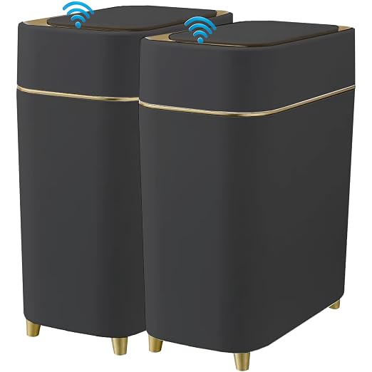 2-Pack - Automatic Trash Cans Touchless - Motion Sensor Bathroom Trash Can | Waste Basket for Bedroom, Home Offices, Small Spaces - Compact Smart Garbage Can with Lid - Black with Gold Edge