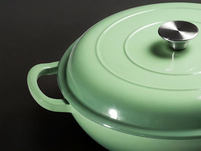 Leonyo 3.6QT Cast Iron Braiser Dutch Oven with Lid, Pistachio Green | Nonstick Enameled Cast Iron Casserole Skillet, Cast Iron Cookware Shallow Dutch Oven with Lid for All Cooktop, Oven Safe