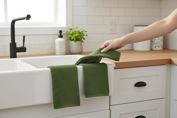 Avocado Forest Green Kitchen Dish Towels, Set of 3, 100% Cotton, 18" x 28" | Terry Loop Ribbed Textured, Soft & Absorbent Cleaning Cloth, Quick Dry, Multipurpose for Everyday Use