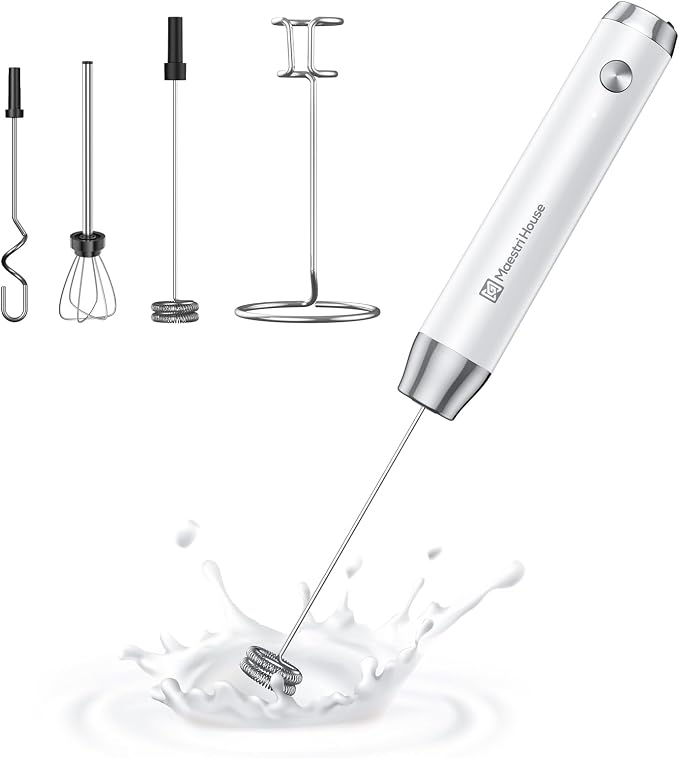 Maestri House Rechargeable Milk Frother,Stand & 3 Detachable Whisks | Lunafro Plus 8000RPM Turbo Motor, 1200mAh lithium battery, Handheld Milk Frother for, Cappuccino, Matcha & Protein Powder