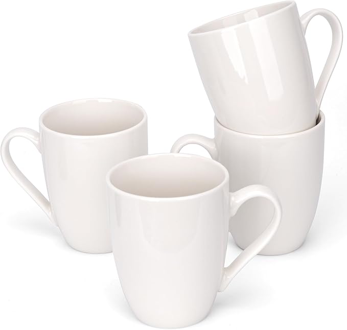 Ceramic Coffee Mugs Set of 4, 12 OZ, White | Porcelain, With Handle, Dishwasher Safe, Microwave Safe, Hot Tea, Americano, Mocha, Milk, Latte