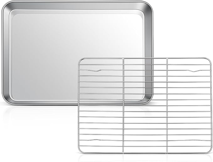 10.4” Baking Sheet Pan with Rack, Joyfair Stainless Steel Toaster Oven Tray | Bakeware Cookie Pan & Cooling Rack for kitchen bake Jelly Roll/Bacon/Meat, Commercial Metal & Rust-free, Dishwasher Safe